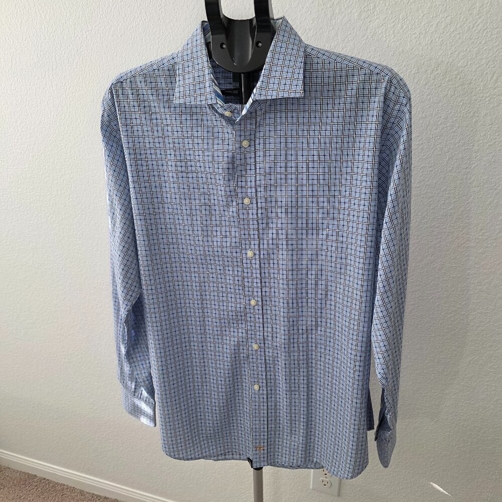 TD THOMAS DEAN MENS XL 100% PIMA COTTON BLUE, BLACK AND WHITE PLAID LONG SLEEVE
